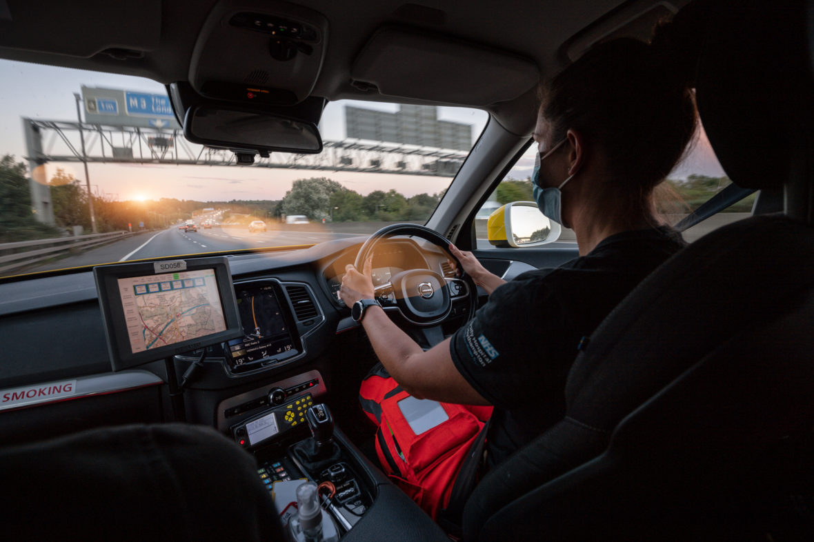 HEMS Specialist Paramedic Nicola is driving the Critical Care Team vehicle down the motorway.